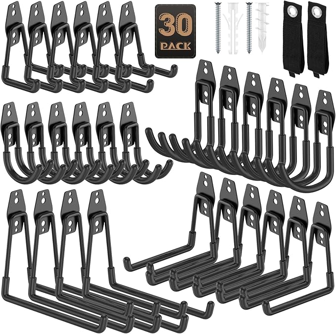 Heavy Duty Garage Hooks for Storage & Hanging Items, 30-Pack | for Hanging Bikes, Hoses, Ladders, Ropes, Garden Tools; for Garage, Warehouse, Yard, Shed