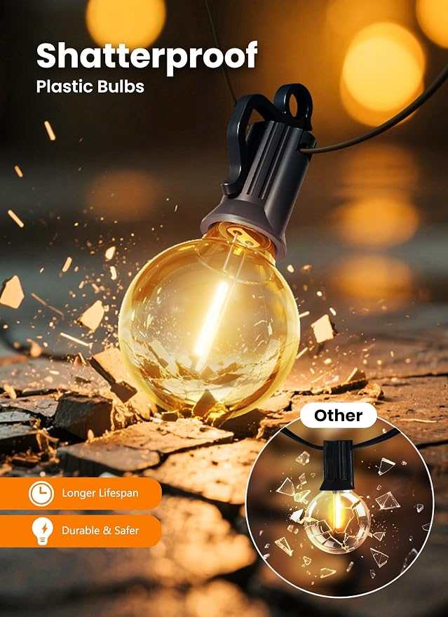 Brightown Outdoor String Lights, 100FT 50+2 G40 Bulbs Shatterproof Patio Lights, IP65 Waterproof Dimmable Hanging Connectable Globe LED Outdoor Lights for Backyard, Bistro, Porch, Deck, Balcony