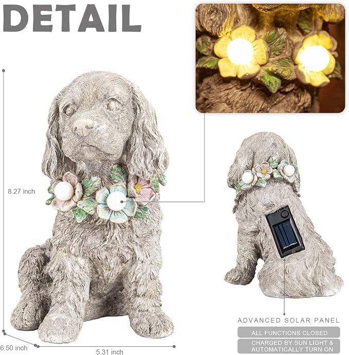 Garden Statue Dog Memorial Gifts - Yard Art Decoration with Flower Solar LED Lights Waterproof Resin Garden Figurine Decor for Outdoor Patio Yard Lawn Ornament