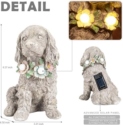 Garden Statue Dog Memorial Gifts - Yard Art Decoration with Flower Solar LED Lights Waterproof Resin Garden Figurine Decor for Outdoor Patio Yard Lawn Ornament