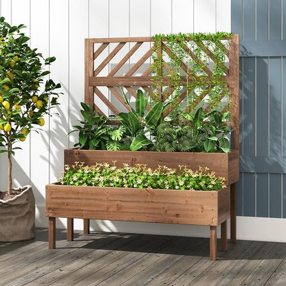 Raised Garden Bed with Trellis & 2 Planter Boxes, 2-Tier Outdoor Wooden Elevated Planter Box with Legs & Drainage Holes, Gardening Planters for Flowers, Herbs, Vegetables & Fruits(Brown)