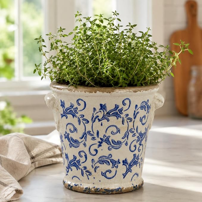 Dosayes Vintage Ceramic Flower Pot with Drainage Holes and Handle,Ice Crack Country Rustic Planters for Indoor Outdoor,Tuscan Decor,Home and Garden Decor,Gardening Present