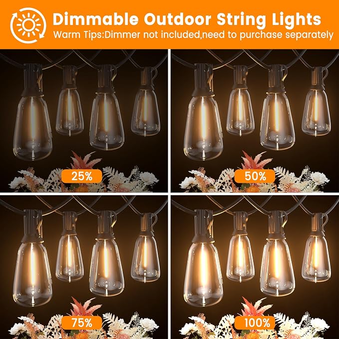 LED Outdoor String Lights 400ft Shatterproof Patio Lights with 212 Waterproof ST38 Vintage Bulbs(12 Spare), Dimmable Outside Hanging String Lights for Backyard Porch Balcony Party, Warm White