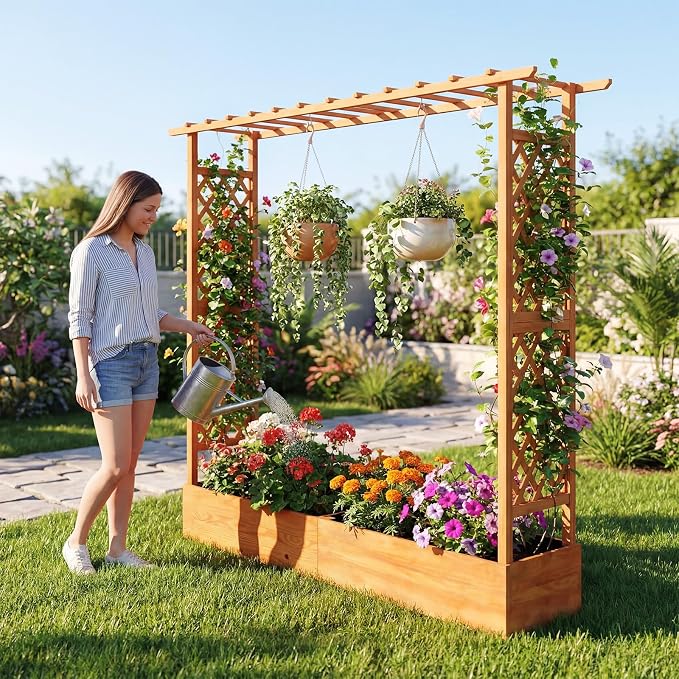 S AFSTAR 77-Inch Raised Garden Bed with Arch Trellis, Hanging Roof & Drainage Holes, Vertical Plant Container for Vine Climbing Plant Flower, Indoor Outdoor Wood Elevated Planter Box for Garden