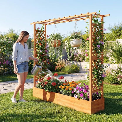 S AFSTAR 2 Pieces Raised Garden Beds with Arch Trellis, Hanging Roof & Drainage Holes, 77-Inch Vertical Plant Container for Vine Climbing Plant Flower, Outdoor Wood Elevated Planter Box for Garden