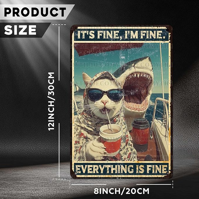 Cat Office Decor Metal Sign Shark Cat Decor Retro Tin Sign Shark Posters Funny Animal Wall Art for Office Man Cave Bar 12 * 8inch