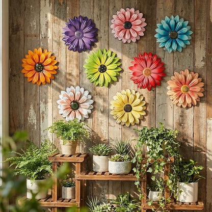 Zhehao 9 Pcs Metal Flower Wall Art Hanging 3D Daisy Decor Metal Flowers Outdoor Decor Multicolored Layered Floral Sunflower Wall Decorations for Home Garden Porch Patio(Bright Color,6 Inch)