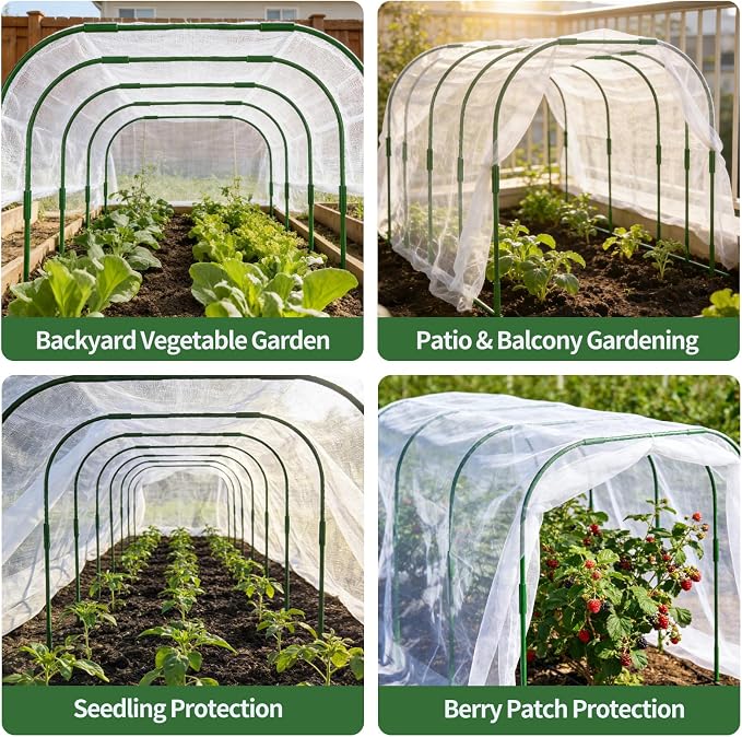 Garden Netting Kit for Raised Bed, 8X20FT Ultra Fine Mesh Netting with 5 Sets Garden Hoops & 15pcs Clips, Reusable Bird Netting for Garden Protection