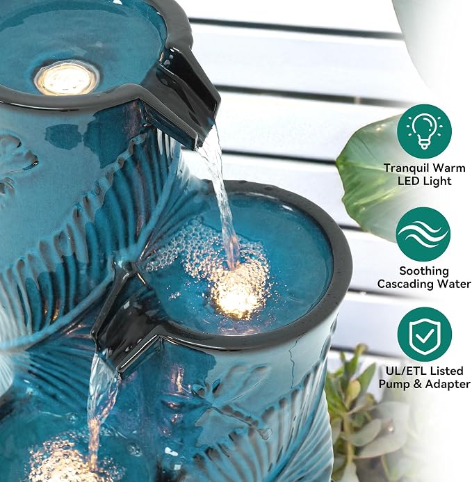 25.5" H Ceramic Outdoor Water Fountain with LED Lights, 3-Tier Cascading Bamboo-Style Water Feature, Teal Blue, Embossed Leaf & Dragonfly Patterns, Tranquil Waterfall for Garden, Patio & Yard
