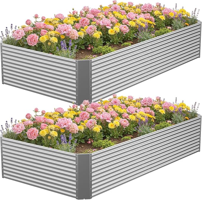 2 Pcs 8 x 4 x 1.4 FT Galvanized Steel Raised Garden Bed – Outdoor Planter Box for Root Vegetables, Herbs & Flowers, Large Metal Garden Beds for Backyards, Terraces and Balconies
