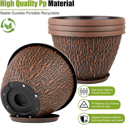 Nooulap 4 Pack Flower Pots Outdoor, 10 Inch Plant Pot with Drainage Hole & Tray, Thickened Plastic Planters for Indoor Outdoor Plants, Lightweight Brown Decorative Garden Pot with Saucer