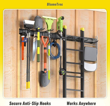 Garage Tool Organizer Wall Mount, 48" Heavy-Duty Metal Wall Organizer, 3 Rails with 6 Adjustable Hooks, Garden Storage Rack for Organization Sturdy Tool Hanging Holder for Shovel Shed Yard