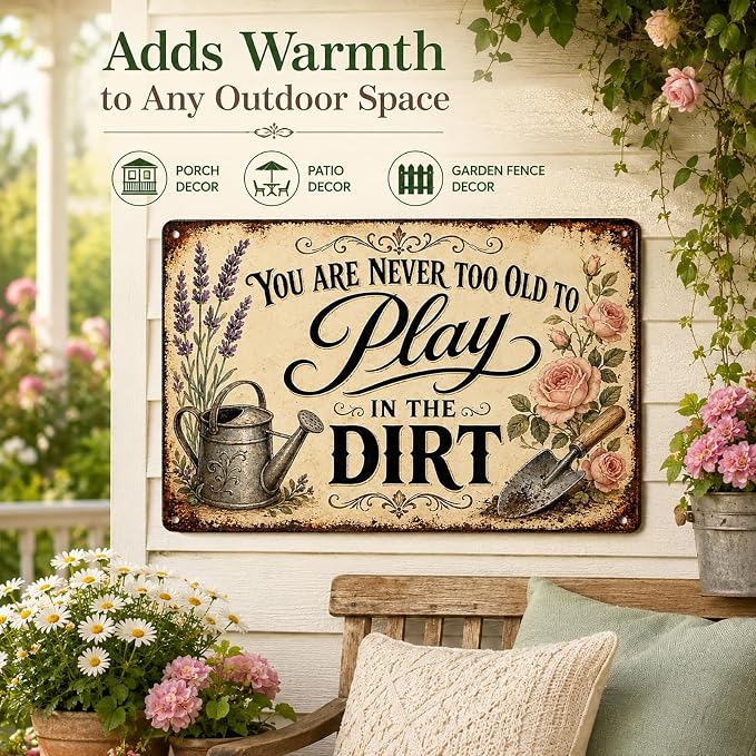 Garden Play Aluminum Metal Sign, Vintage Floral Wall Decor, Rustic Outdoor Plaque, Gift for Patio Greenhouse 8x12 Inch (26035)