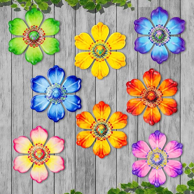 8Pcs Metal Flower Decor, 6.2" Outddoor Metal Wall Art Hanging Decoration for Garden Fence Yard Living Room Patio Backyard, Metal Flowers for Outside