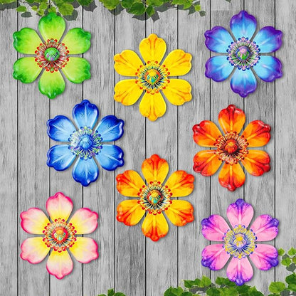 8Pcs Metal Flower Decor, 6.2" Outddoor Metal Wall Art Hanging Decoration for Garden Fence Yard Living Room Patio Backyard, Metal Flowers for Outside