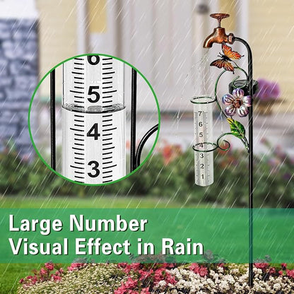 Copper Faucet Rain Gauge, 7" Glass Tube Butterfly Flower Garden Yard Stake Decor