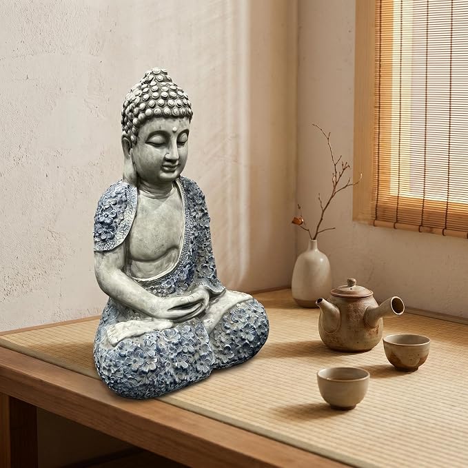 Large 16" Meditating Buddha Statue with Blue Accents, Weatherproof Resin Sculpture for Outdoor Patio Yard Zen Decor, Feng Shui Mindfulness Ornament, Housewarming Spiritual Gift