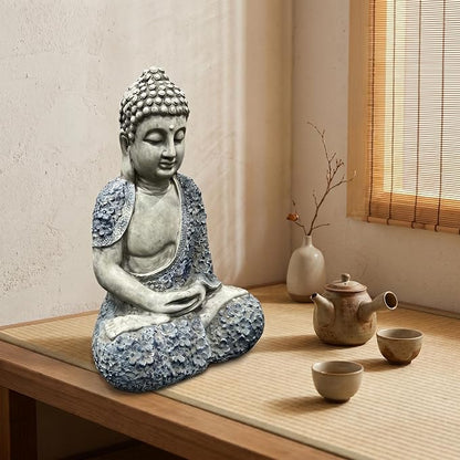 Large 16" Meditating Buddha Statue with Blue Accents, Weatherproof Resin Sculpture for Outdoor Patio Yard Zen Decor, Feng Shui Mindfulness Ornament, Housewarming Spiritual Gift