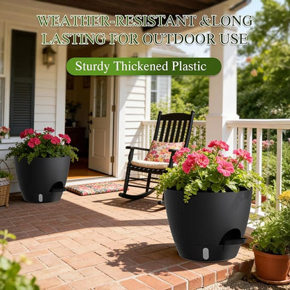 Self Watering Pots with Drainage Holes, 3 Pack 12/10/8 Inch Plant Pots with Water Level Indicator Deep Reservoir, Large Plastic Planter for Indoor Outdoor Plants - Black
