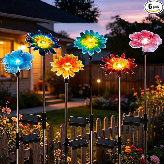 6 Pack Solar Garden Lights Outdoor Decor,Stake Yard Figurine Colorful Flower Light, Housewarming Ornament for Patio, Lawn, Yard, Pathway (Art Deco)