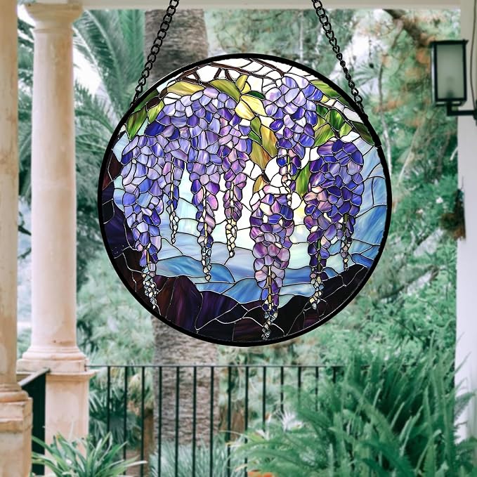 DASTOLL Stained Glass Window Hanging, Purple Wisteria Flowers Suncatcher for Doors Window Home Plant Sun Catchers Decoration Mother's Day Birthday Gifts for Women, Men, and Mom 6.3x6.3 in