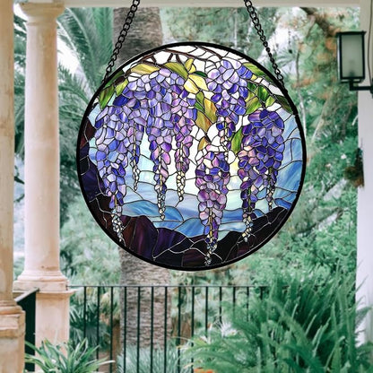 DASTOLL Stained Glass Window Hanging, Purple Wisteria Flowers Suncatcher for Doors Window Home Plant Sun Catchers Decoration Mother's Day Birthday Gifts for Women, Men, and Mom 6.3x6.3 in