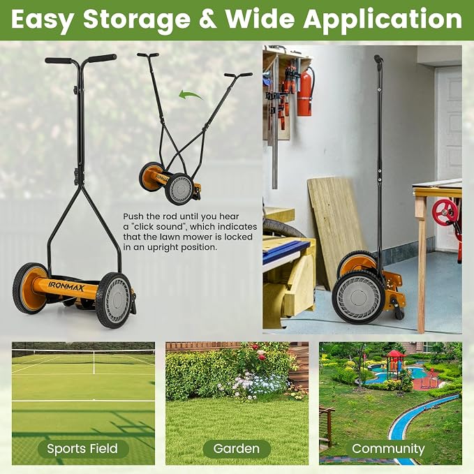 Goplus Manual Lawn Mower, 14 Inch 5-Blade Walk-Behind Cordless Grass Cutter with 7 Gallon Removable Grass Collect Bag, Adjustable Cutting Heights, Push Reel Lawn Mower for Yard, Garden