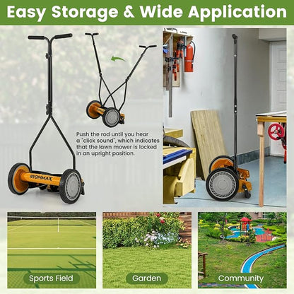 Goplus Manual Lawn Mower, 14 Inch 5-Blade Walk-Behind Cordless Grass Cutter with 7 Gallon Removable Grass Collect Bag, Adjustable Cutting Heights, Push Reel Lawn Mower for Yard, Garden