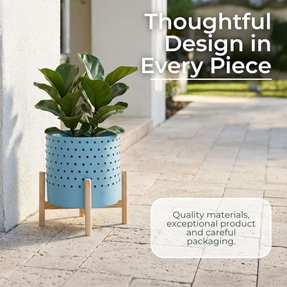 Ceramic Planter With Stand Indoor – Plant Stand Indoor For Elevated Greenery, Living Room Or Patio Placement, Textured Blue Home Decor Design Adds Height And Visual Impact – 11", Blue