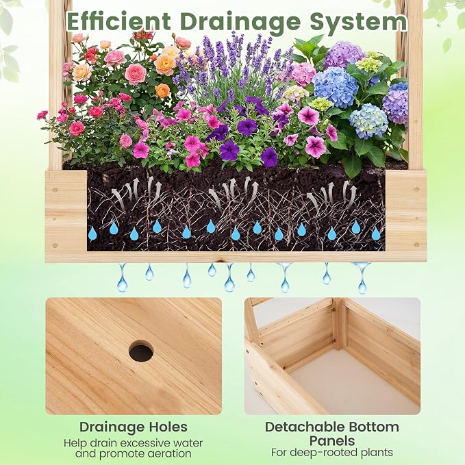 Giantex Wooden Raised Garden Bed with Trellis & Hanging Roof, Fir Wood Planter Box, 89” Freestanding Elevated Garden Bed for Outdoor Climbing Plants Vegetables Flowers, Patio & Balcony, Natural