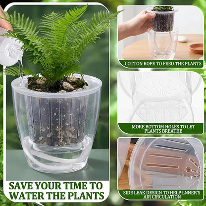 18 Pcs Self Watering Pots 4.3 Inch Plastic Flower Plant Pot with Inner Pot Self Watering Wick Planter White Clear Flower Pots for Indoor House Plants Herbs, Flowers, Succulents (Transparent)