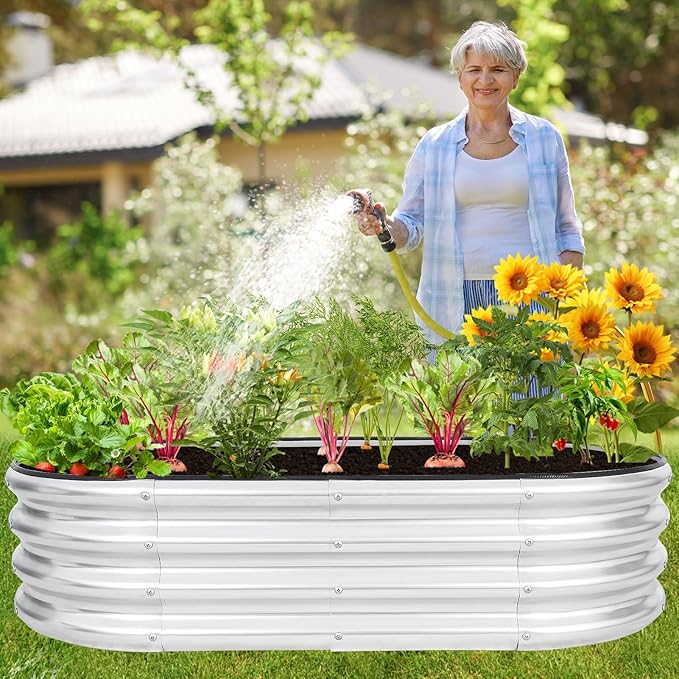 Galvanized Raised Garden Bed - 4×2×1ft (2 Packs) Planter Raised Beds for Gardening | Oval Metal Garden Planter Box with Safety Edging and Gloves for Vegetables Fruits and Flower - Silver