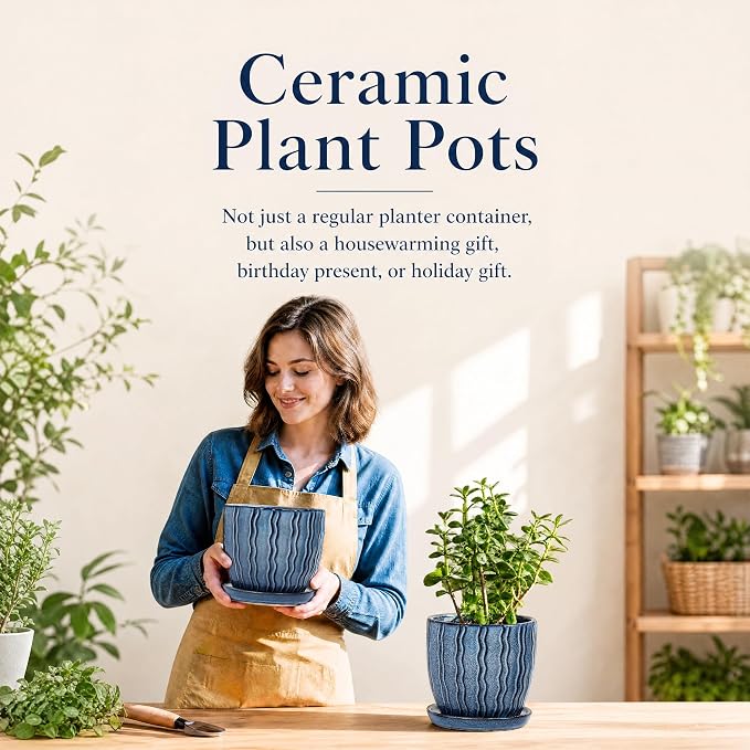 Ceramic Plant Pots, 4.5+5.5 Inch Small Plant Pots, Flower Pots Indoor Planters with Drainage and Tray, Modern Indoor Plant Pots for Home and Office, Indoor Planters with Drainage