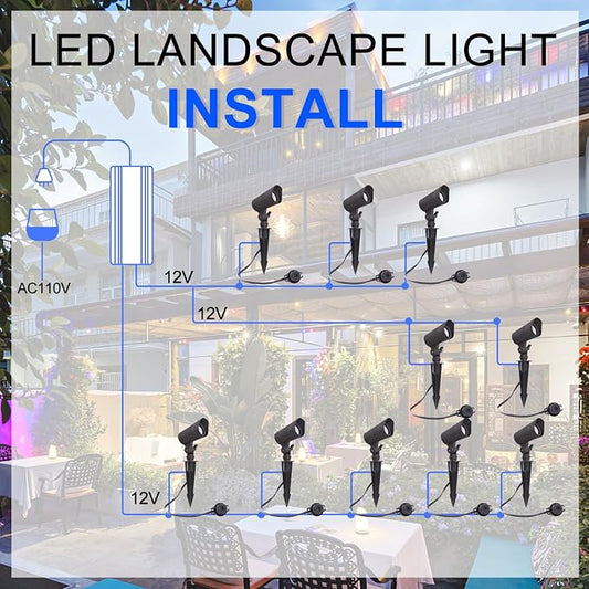 E ENERGETIC LIGHTING LED Landscape Lights with Connectors, 12V Low Voltage, Warm White 3000k, 4W, 175LM, Outdoor Waterproof Garden Pathway Lights Wall Tree Flag Spotlights with Spike Stand, 6 Pack
