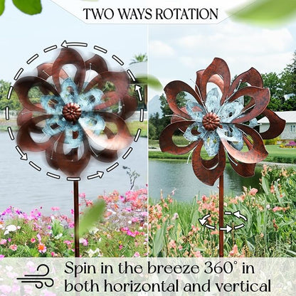 Pure Echo Garden Wind Spinner,Flower Wind Spinner,Outdoor Metal Wind Sculpture & Spinner Large 23 inch Dia 84 inch Height Kinetic Windmill for Garden Yard
