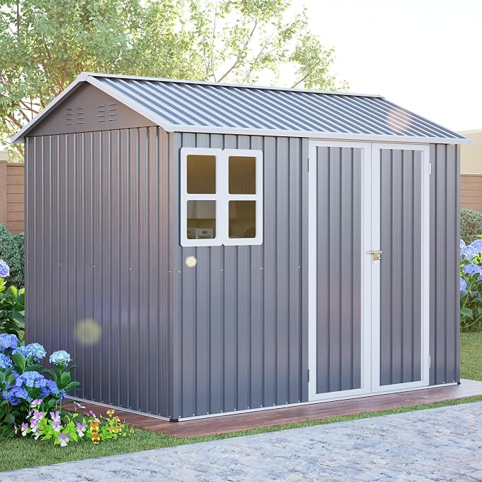 YOPTO 8X6 FT Metal Outdoor Storage Shed W/Window,Dark Gray | Heavy Duty Outdoor Shed W/ Lockable Doors & Sloped Roof,All Weather Waterproof for Garden,Patio,Backyard,Lawn
