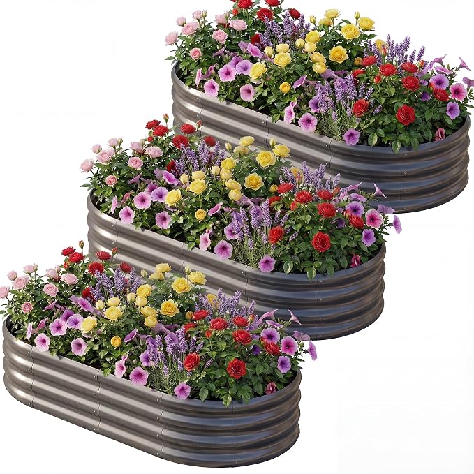 AHEONLAR 3 Pack 6×3×1ft Galvanized Raised Garden Bed, Oval Durable Planter Boxes Outdoor for Vegetables, Fruits, Flowers and Plants, Quick Assembly, Grey