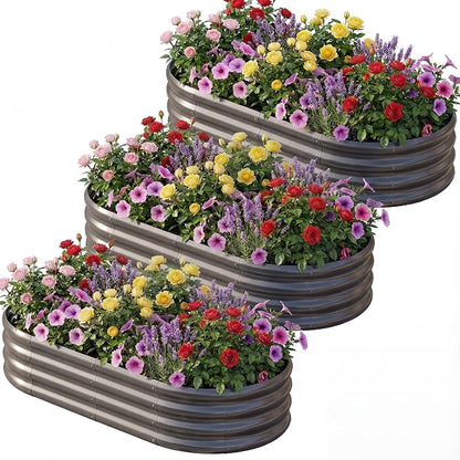 AHEONLAR 3 Pack 6×3×1ft Galvanized Raised Garden Bed, Oval Durable Planter Boxes Outdoor for Vegetables, Fruits, Flowers and Plants, Quick Assembly, Grey