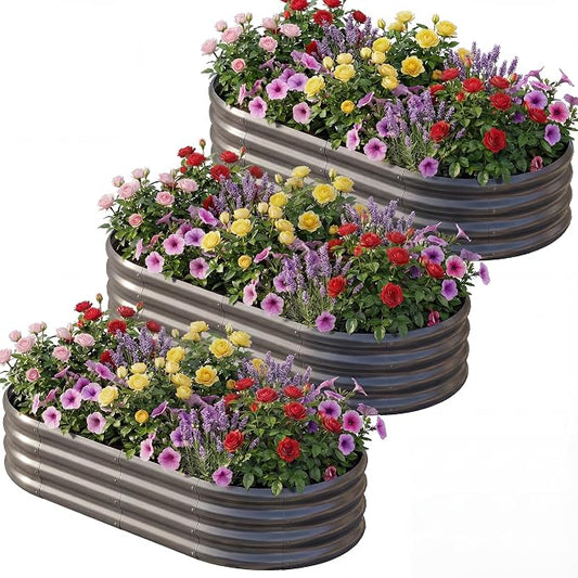 AHEONLAR 3 Pack 6×3×1ft Galvanized Raised Garden Bed, Oval Durable Planter Boxes Outdoor for Vegetables, Fruits, Flowers and Plants, Quick Assembly, Grey