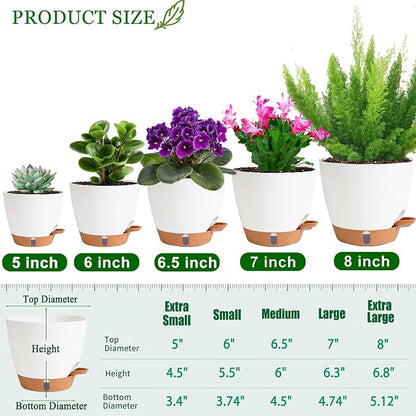Self Watering Pots for Inoor Ourdoor Plants 8/7/6.5/6/5 Inch Plastic Planters with Drainage Holes & Water Level Indicator, Decorative House Flower Nursery Planting Pots with Saucers (White)