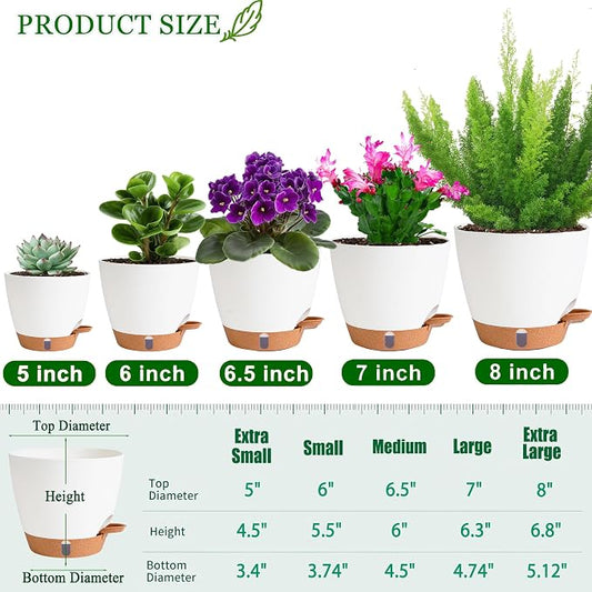 Self Watering Pots for Inoor Ourdoor Plants 8/7/6.5/6/5 Inch Plastic Planters with Drainage Holes & Water Level Indicator, Decorative House Flower Nursery Planting Pots with Saucers (White)