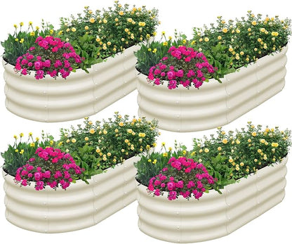 SnugNiture Galvanized Raised Garden Bed Outdoor, 4 Pcs 4x2x1ft Oval Metal Planter Box for Planting Plants Vegetables, White