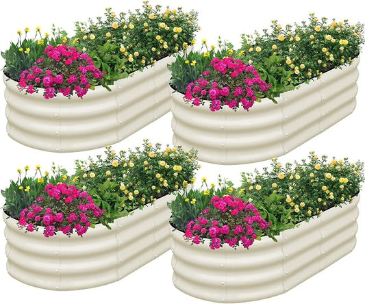 SnugNiture Galvanized Raised Garden Bed Outdoor, 4 Pcs 4x2x1ft Oval Metal Planter Box for Planting Plants Vegetables, White