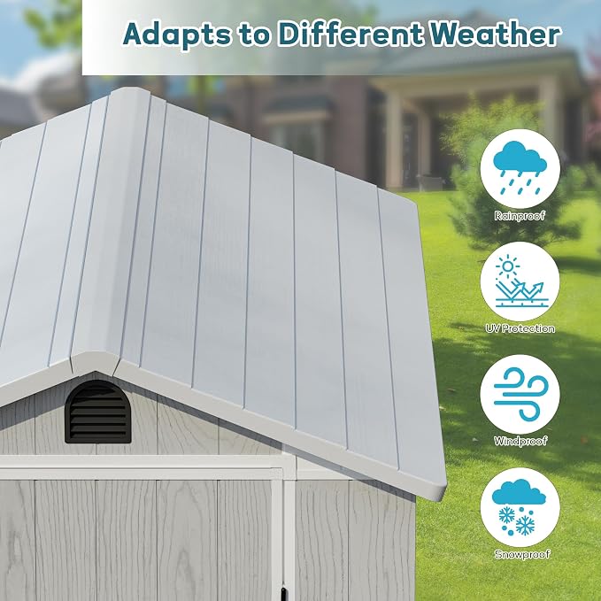 Greesum 4x6FT Plastic Storage Shed with Floor, Resin Outdoor Storaged Sheds with Lockable Door, All Weather Tool Shed with Window and Vent, Easy Assembly for Garden, Patio, Yard, Light Gray