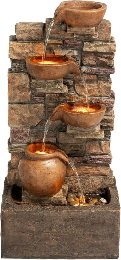 Teamson Home 28.5" Outdoor 4-Tier Stacked Stone Cascading Water Fountain with LED Lights, Brown | Cascading Water, LED Lights