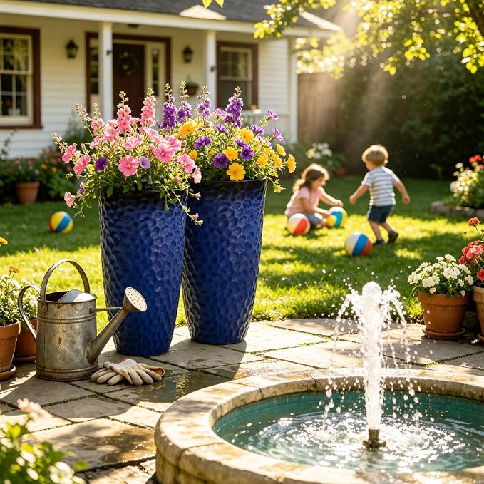 23.75" Cobalt Blue Plastic Tall Planters with Honeycomb Texture | Set of 2 PP tall planters with cobalt blue honeycomb texture, drainage plugs, and UV-treated finish for porch or patio