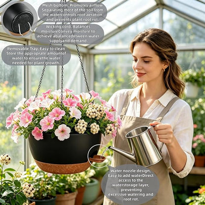 2 Pack 10 Inch Self Watering Hanging Planters for Indoor Plants, Large Black Brown Plastic Hanging Pots with Chains for Outdoor Patio Garden Home Decor (Black Brown)