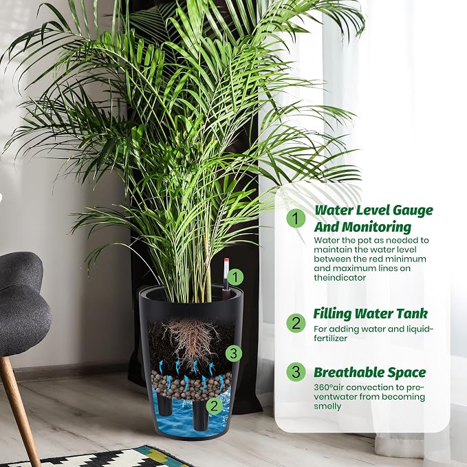 Garvee Tall Planters for Outdoor Plants, 16 in Large Planters Set of 4, Outdoor & Indoor Planters with Water Level Monitor ＆ Inner Bucket, Automatic Watering, for Porch, Patio, Backyard, Black