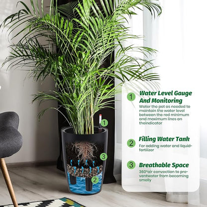 Garvee Tall Planters for Outdoor Plants, 16 in Large Planters Set of 4, Outdoor & Indoor Planters with Water Level Monitor ＆ Inner Bucket, Automatic Watering, for Porch, Patio, Backyard, Black