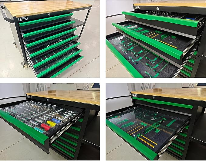 7-Drawers Professional Tool Cart Cabinet,Rolling Tool Chest with Double Shelves,Wood Workbench,51.1W x 18.9D x 32.3H inches for Garage, Workshop, or Outdoor Use(7 Drawers + 258 Pieces Tool)